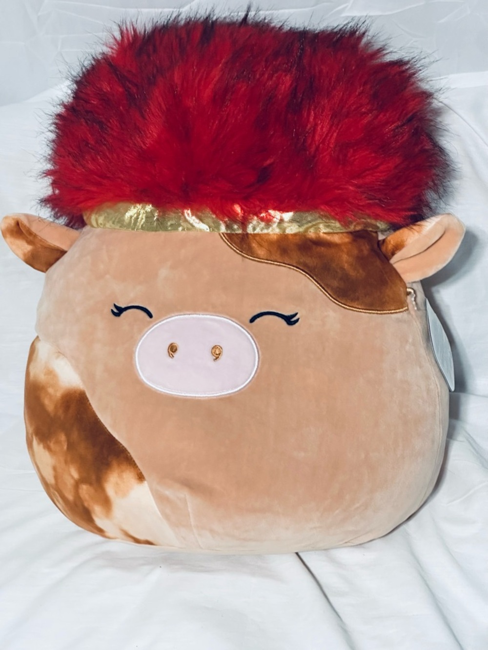 Squishmallows Plush Pig with Red Faux Fur and Gold Accent